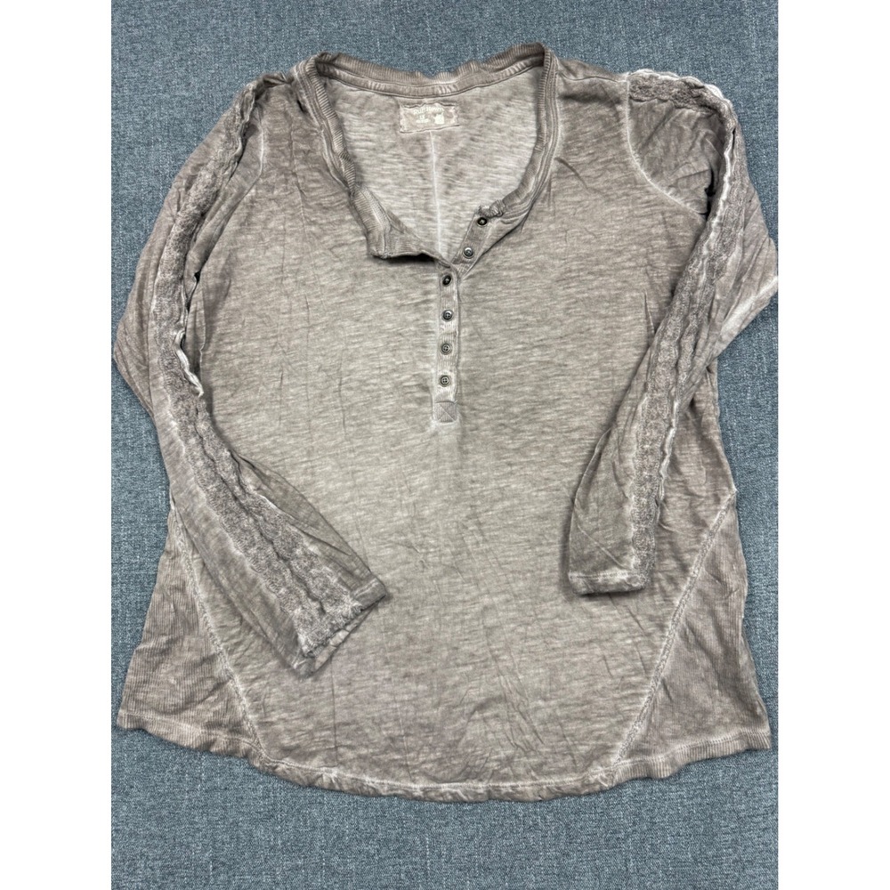 Ruff Hewn Womens 1X Brown Long Sleeve Henley Cotton Slub Knit Top Lace Detail